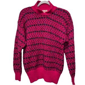 VTG Pink Houndstooth Chunky Knit Sweater Oversized Sm / Med Wool Blend Mock Neck